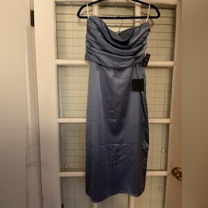 Strapless Slate Blue Satin 2 Piece Cocktail Dress